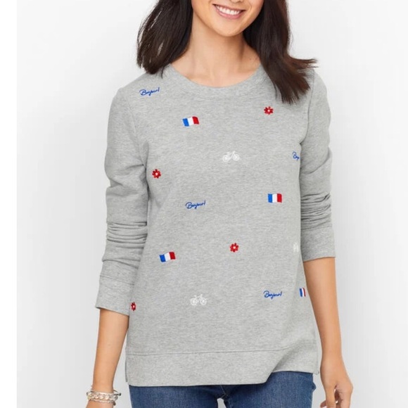 Talbots Embroidery French Icons Bonjour Bicycle Fleece Pullover Sweatshirt L - Picture 1 of 14